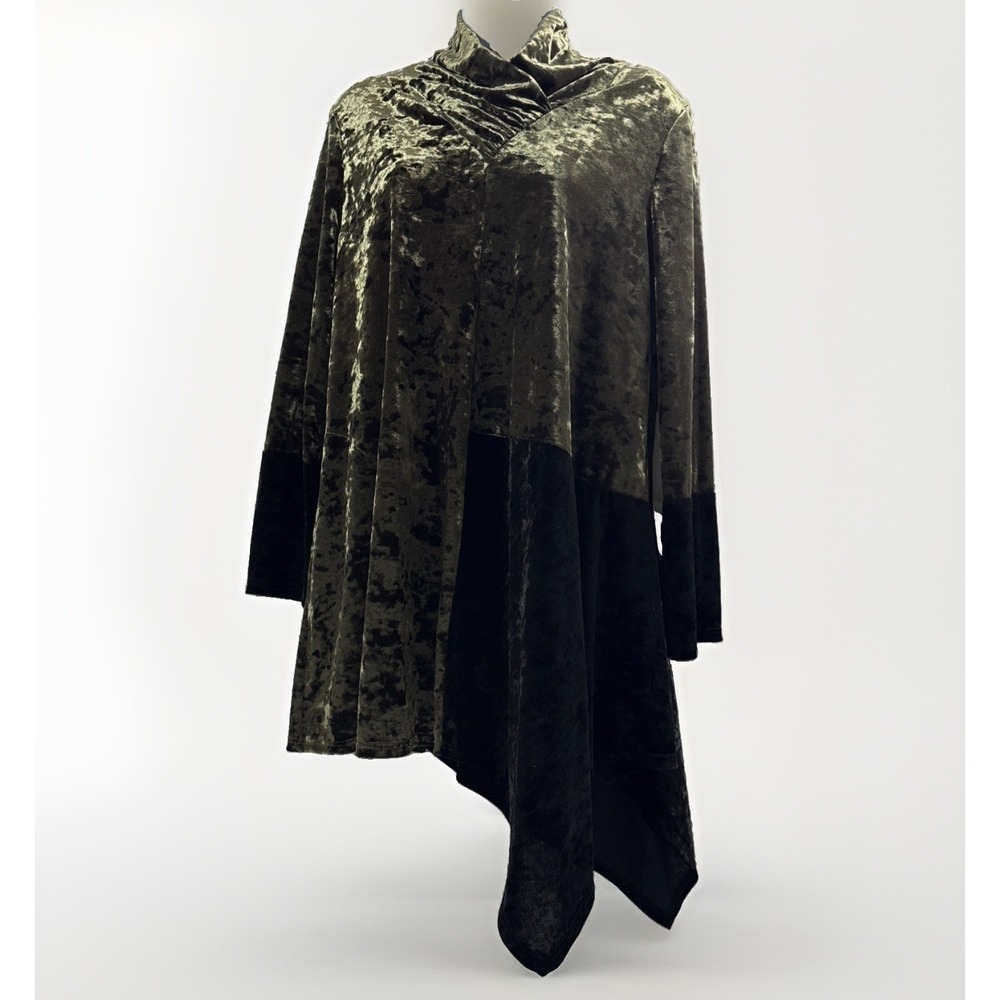IC by Connie K Regal Olive Green Black Crushed Velvet Asymmetric Cowl Tunic L